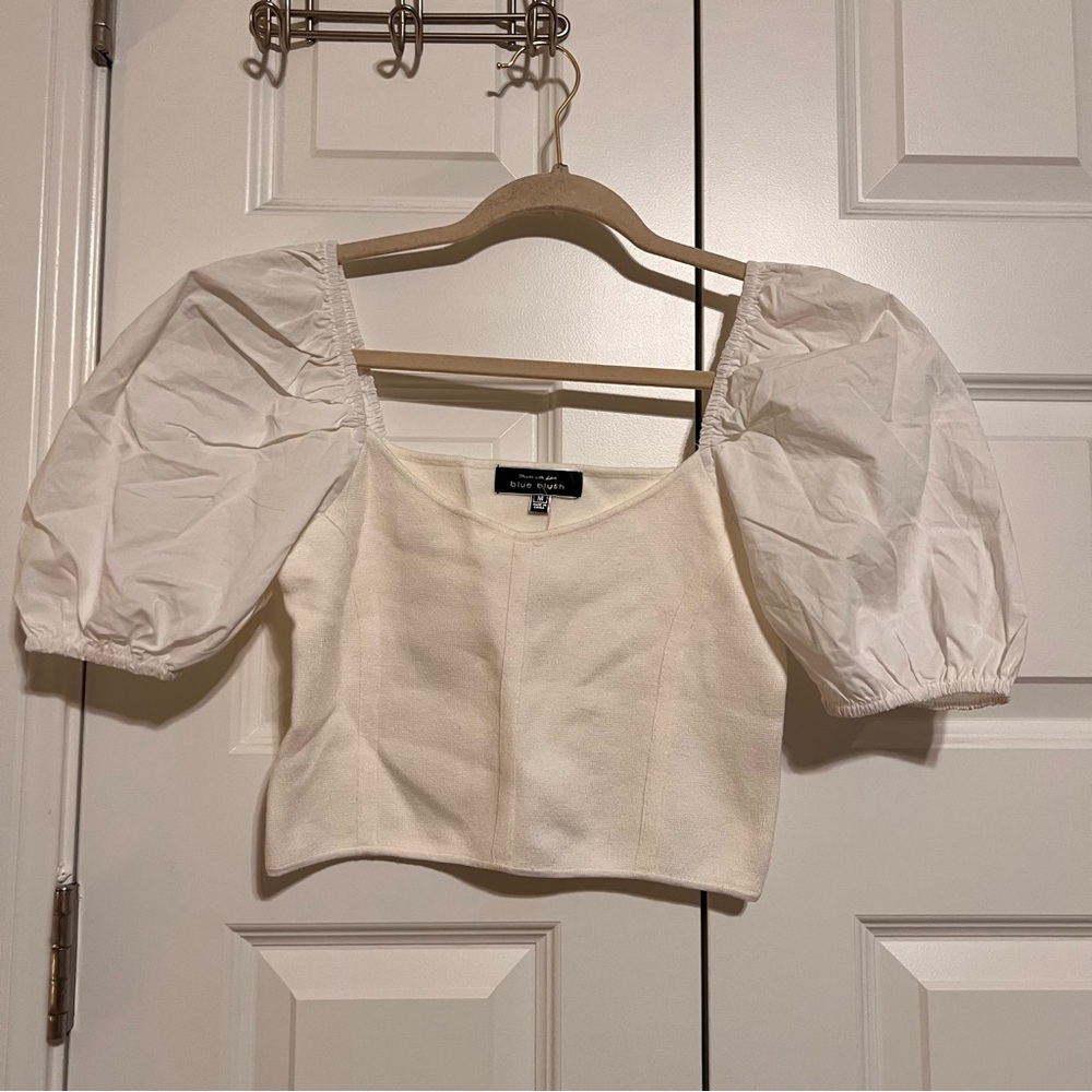 Blue Blush White Puff Sleeve Cropped Blouse